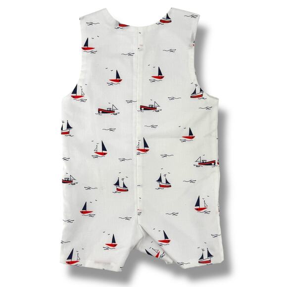 Edgehill Collection Smocked Jon Jon Romper Baby Boy Size 9 Mo Nautical Sail Boat - Picture 6 of 7